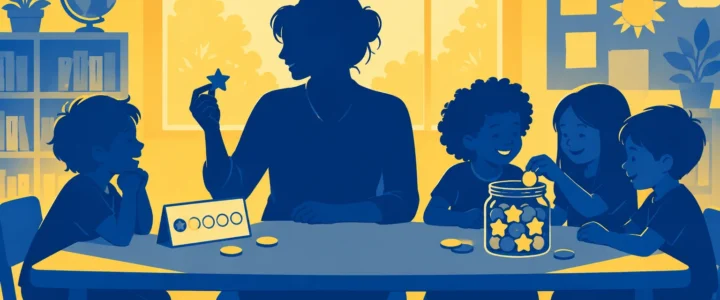 Individual vs Team Rewards in a Classroom Duotone blue and yellow classroom illustration of a teacher holding a star token beside one child and a small group of three children at a table with a jar of star tokens and a simple progress card.