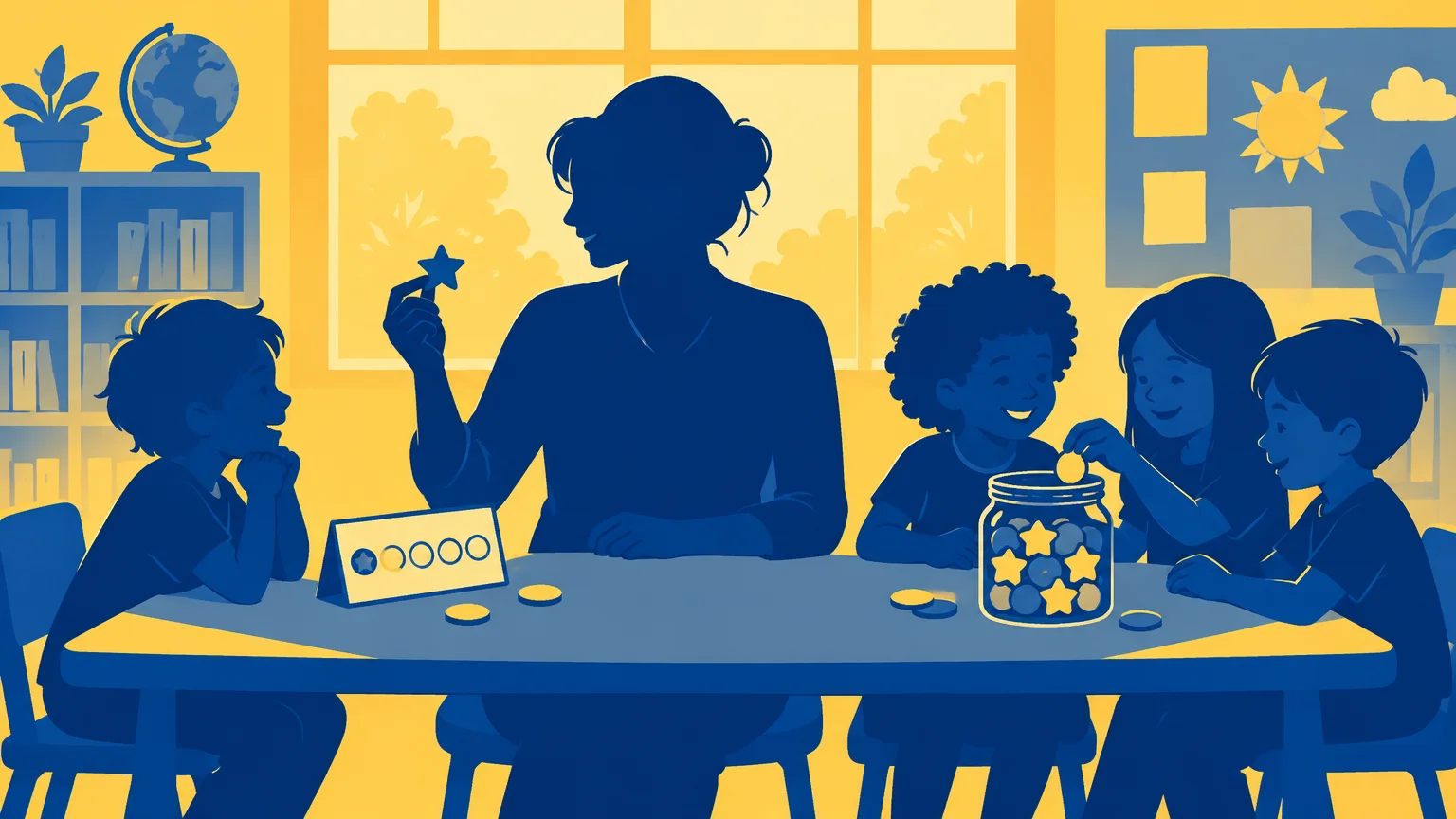 Duotone blue and yellow classroom illustration of a teacher holding a star token beside one child and a small group of three children at a table with a jar of star tokens and a simple progress card.