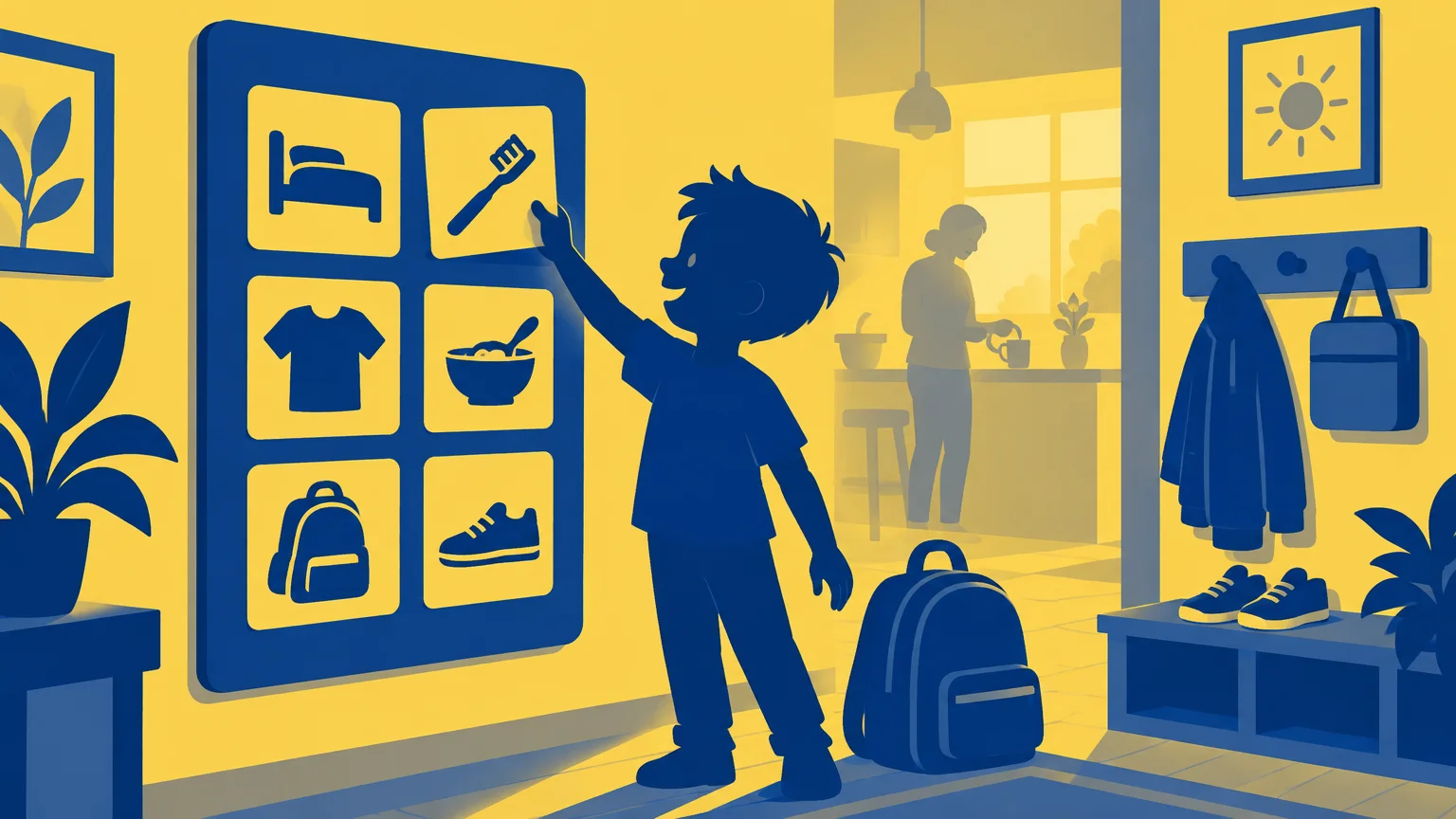 Duotone yellow and navy illustration of a child pointing to a visual morning routine board with icons for bed, toothbrush, clothes, breakfast, backpack, and shoes, while an adult prepares a drink in the background near a packed school bag and coat.