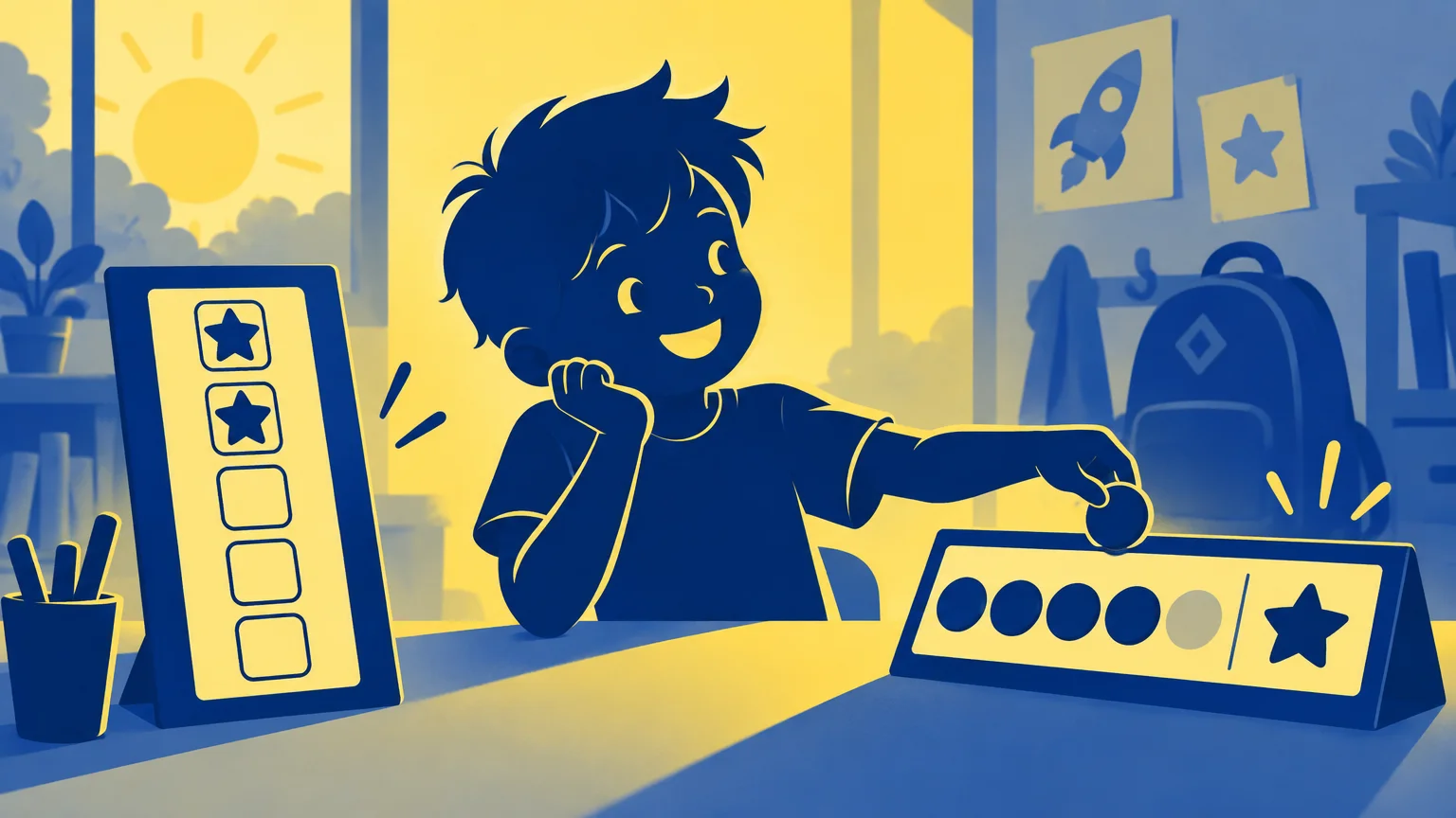 Duotone illustration of a smiling child placing a round token on a tabletop reward tracker beside a star sticker chart in a sunny room.