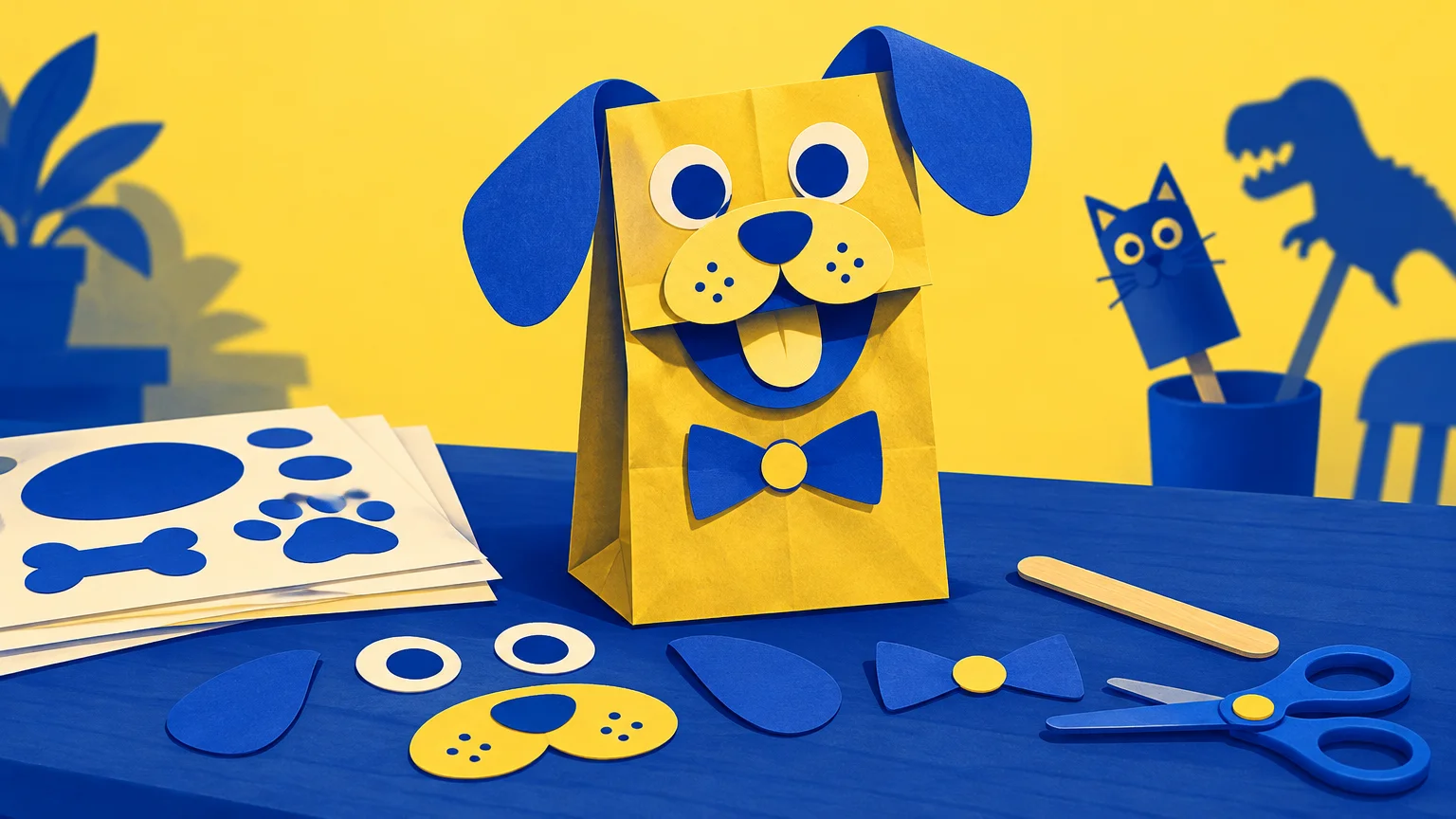 Yellow and blue paper-bag dog puppet on a blue table with cutout pieces, printable sheets, scissors, a craft stick, and animal shadow puppets in the background.