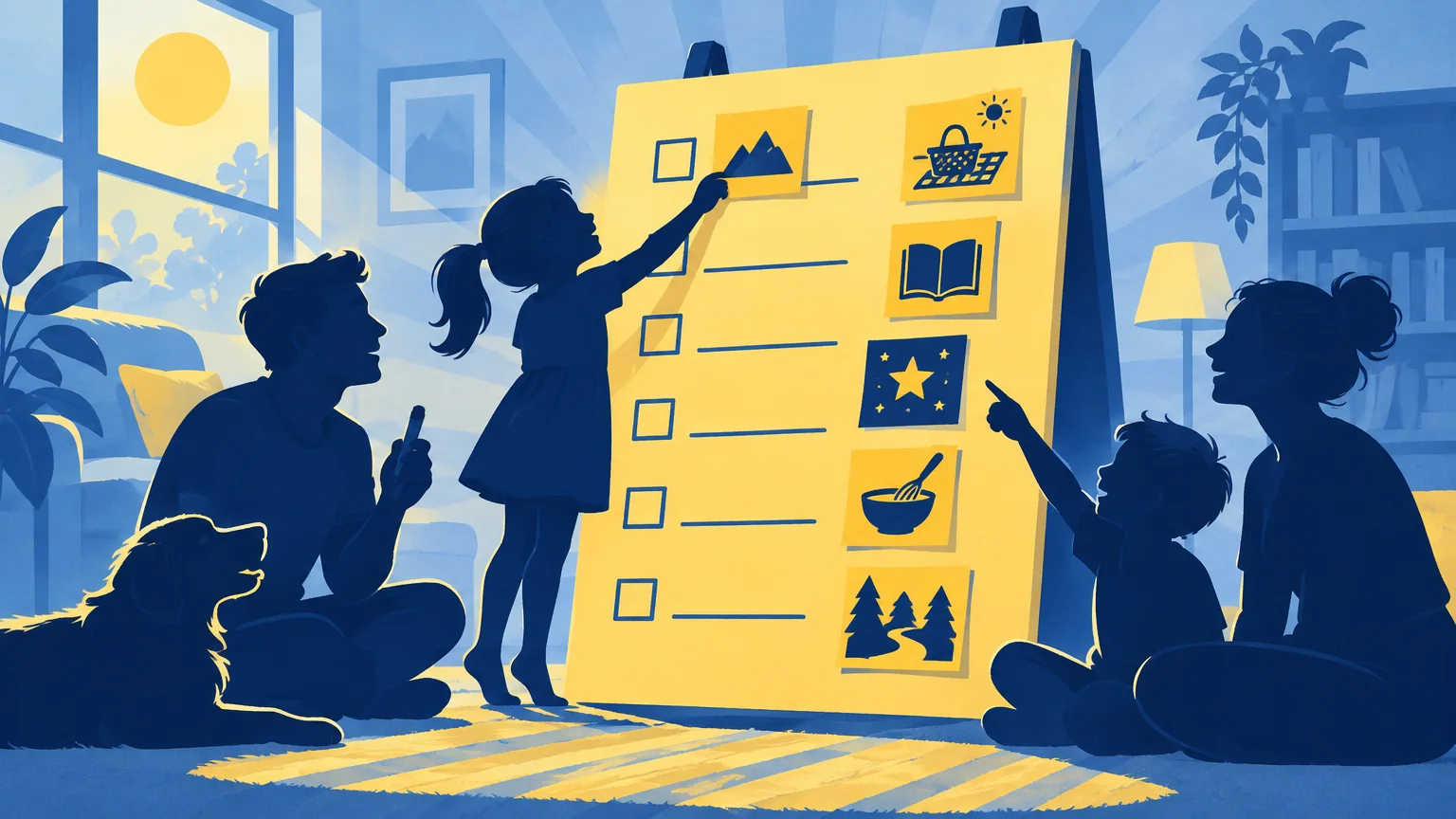 Blue and yellow silhouette illustration of a family and dog gathered around a large checklist board, with children pointing to and placing picture cards showing outdoor, reading, cooking, and travel activities in a sunlit living room.