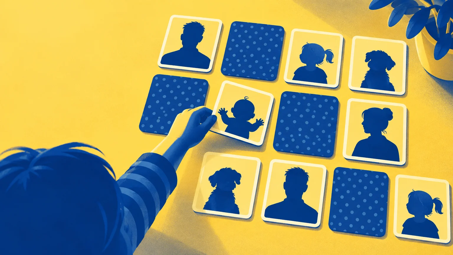 Duotone blue-and-yellow illustration of a person turning over picture cards in a family-photo memory-matching game, with paired silhouette portraits and patterned face-down cards arranged on a table.