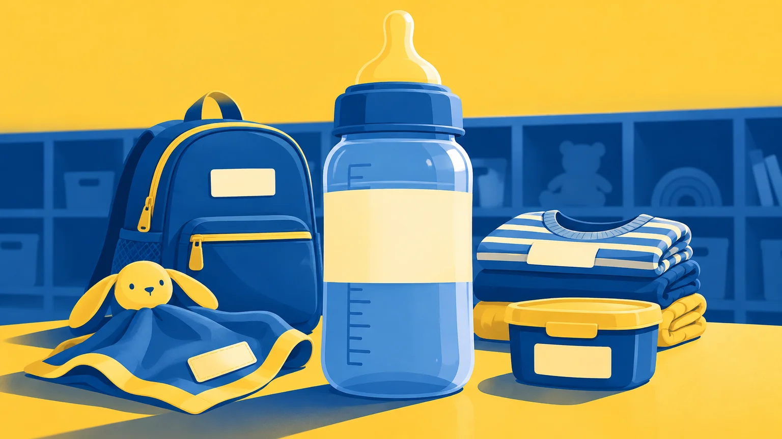Blue and yellow editorial illustration of a daycare backpack, baby bottle with a blank label, folded clothes, labeled storage container, and bunny comfort blanket on a table.