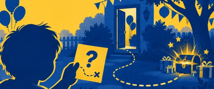 Duotone blue and yellow illustration of a child holding a treasure-hunt clue card, with a dotted path leading across a decorated backyard to a glowing treasure chest and wrapped gifts near a house.