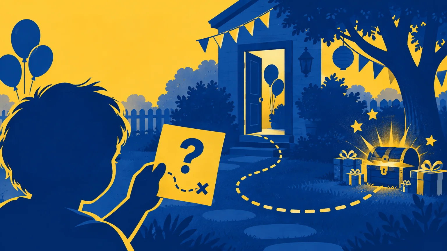 Duotone blue and yellow illustration of a child holding a treasure-hunt clue card, with a dotted path leading across a decorated backyard to a glowing treasure chest and wrapped gifts near a house.