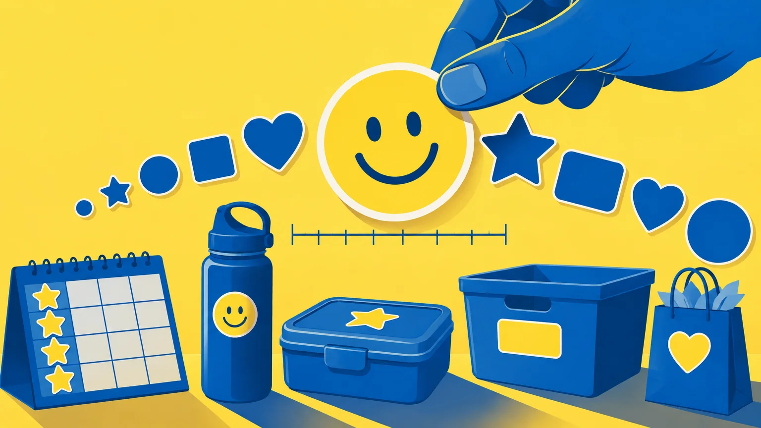 Blue-and-yellow illustration of a hand holding a large round smiley sticker above assorted circle, square, heart, and star stickers, with a ruler-like scale, reward chart, water bottle, storage box, and gift bag below.